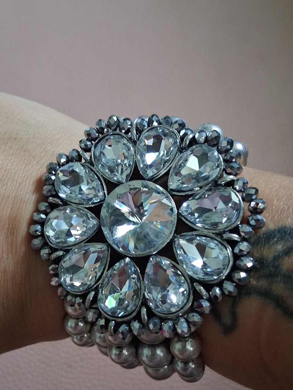 Crystal Statement Bracelet - Silver Clear Floral Cluster
